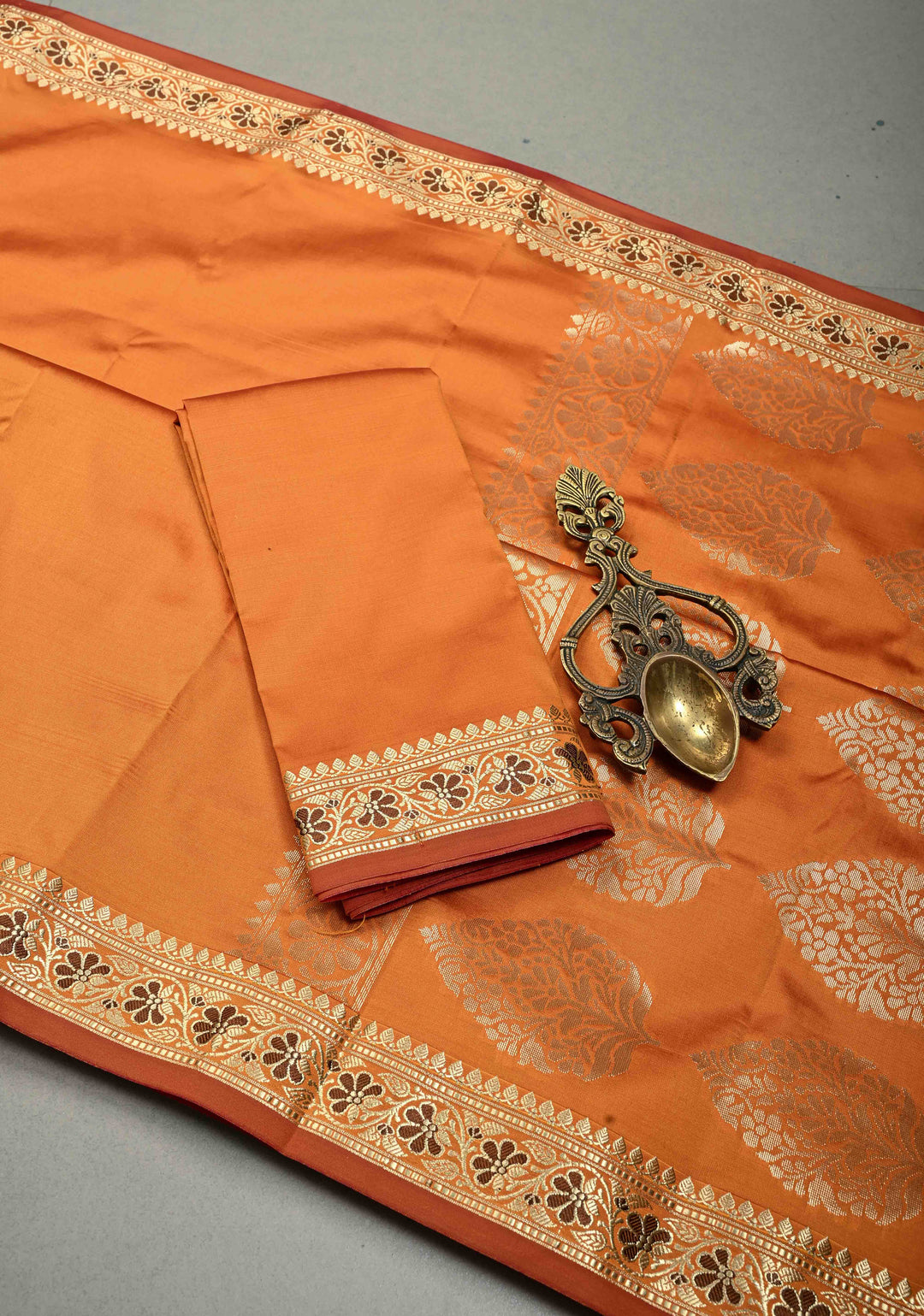 Mustard Yellow-Orange Dual Tone Semi Silk Saree with Minimal Meenakari Floral Zari Border | SHOBITAM
