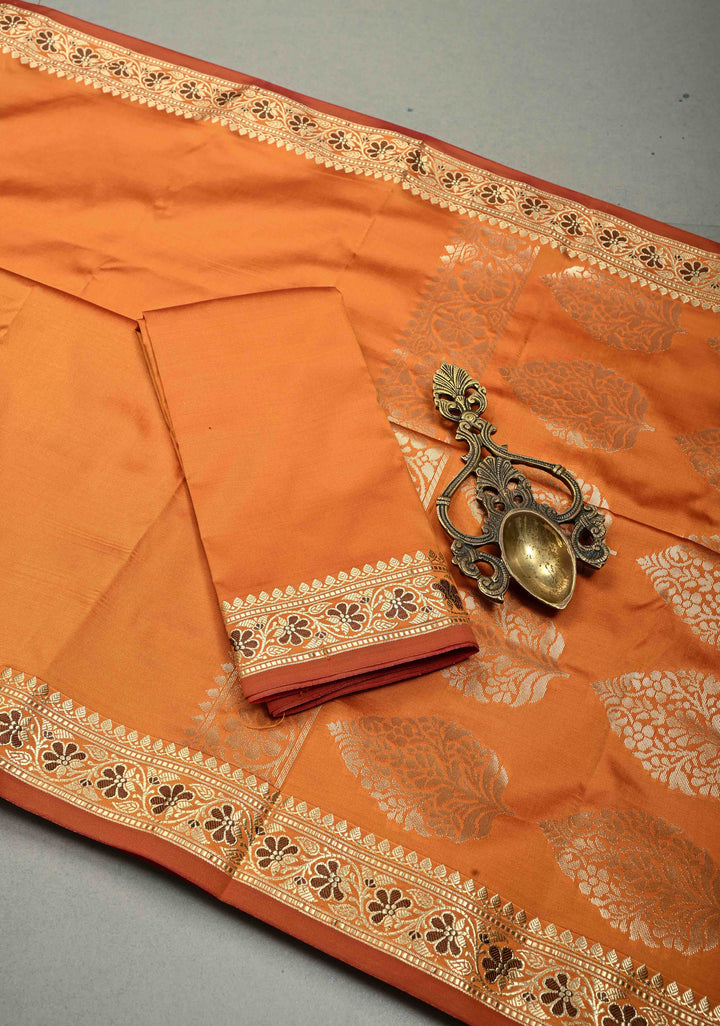 Mustard Yellow-Orange Dual Tone Semi Silk Saree with Minimal Meenakari Floral Zari Border | SHOBITAM