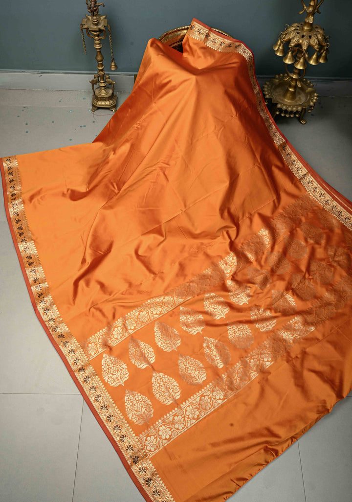 Mustard Yellow-Orange Dual Tone Semi Silk Saree with Minimal Meenakari Floral Zari Border | SHOBITAM