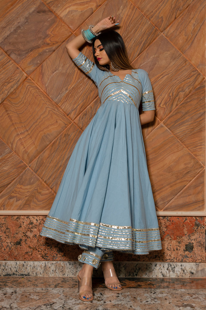 POWDER BLUE PURE COTTON ANARKALI SET | SHOBITAM