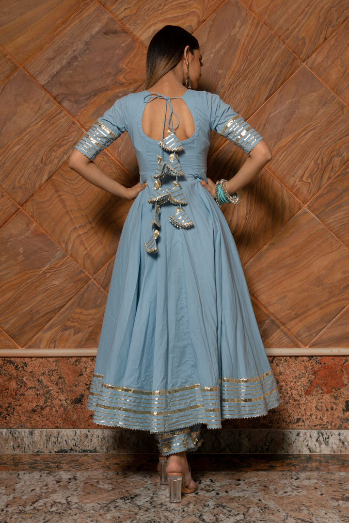 POWDER BLUE PURE COTTON ANARKALI SET | SHOBITAM