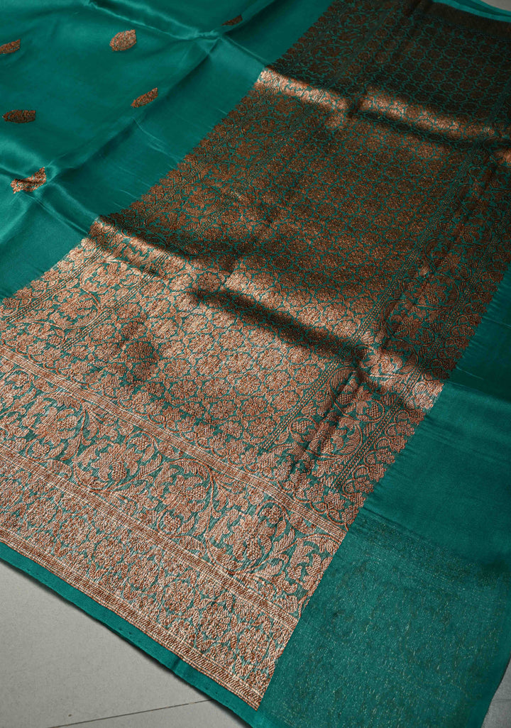Rama Green Pure Banarasi Kora Silk Saree with Floral Antique Oxidized Zari Buttas and Zari Border | SILK MARK CERTIFIED | SHOBITAM