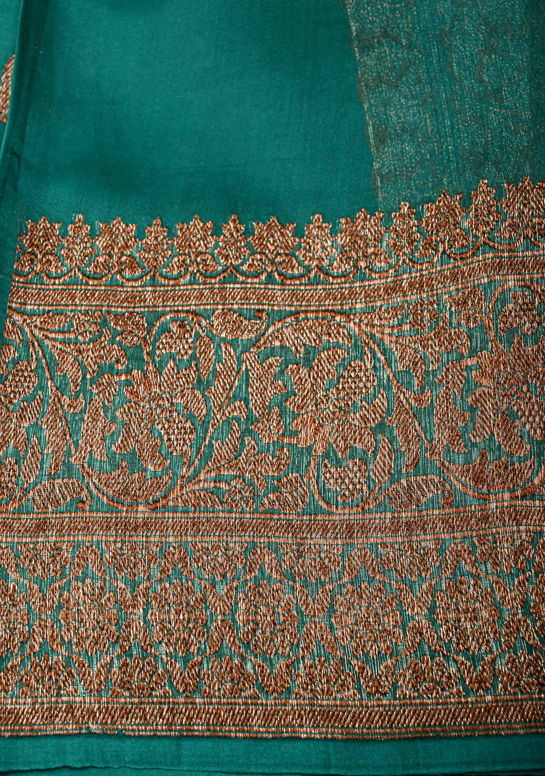 Rama Green Pure Banarasi Kora Silk Saree with Floral Antique Oxidized Zari Buttas and Zari Border | SILK MARK CERTIFIED | SHOBITAM