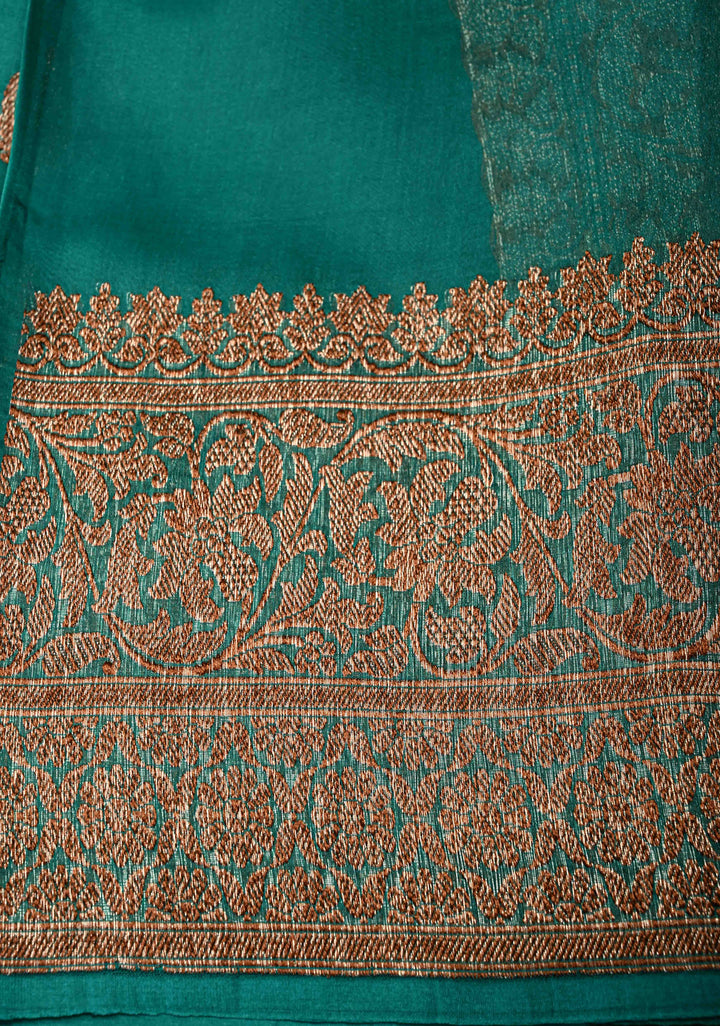 Rama Green Pure Banarasi Kora Silk Saree with Floral Antique Oxidized Zari Buttas and Zari Border | SILK MARK CERTIFIED | SHOBITAM
