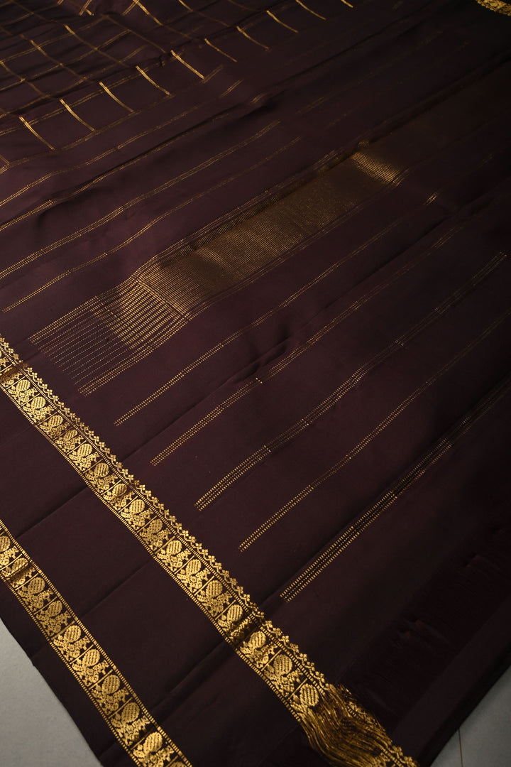 Chocolate Brown Gadwal Silk Saree with Zari Checks and Rettaipet Zari Border | SILK MARK CERTIFIED | SHOBITAM