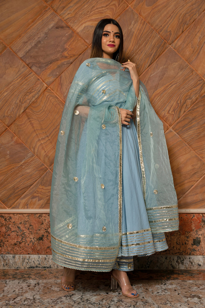 POWDER BLUE PURE COTTON ANARKALI SET | SHOBITAM