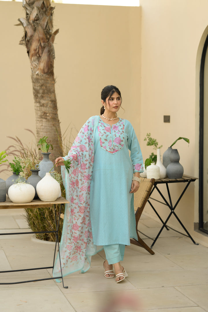 Sky Blue Dobby Cotton with Floral Chanderi Patch Print Kurta and Dupatta Suit Set- SET OF-3 | SHOBITAM