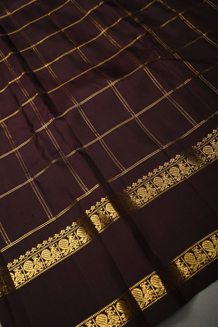Chocolate Brown Gadwal Silk Saree with Zari Checks and Rettaipet Zari Border | SILK MARK CERTIFIED | SHOBITAM