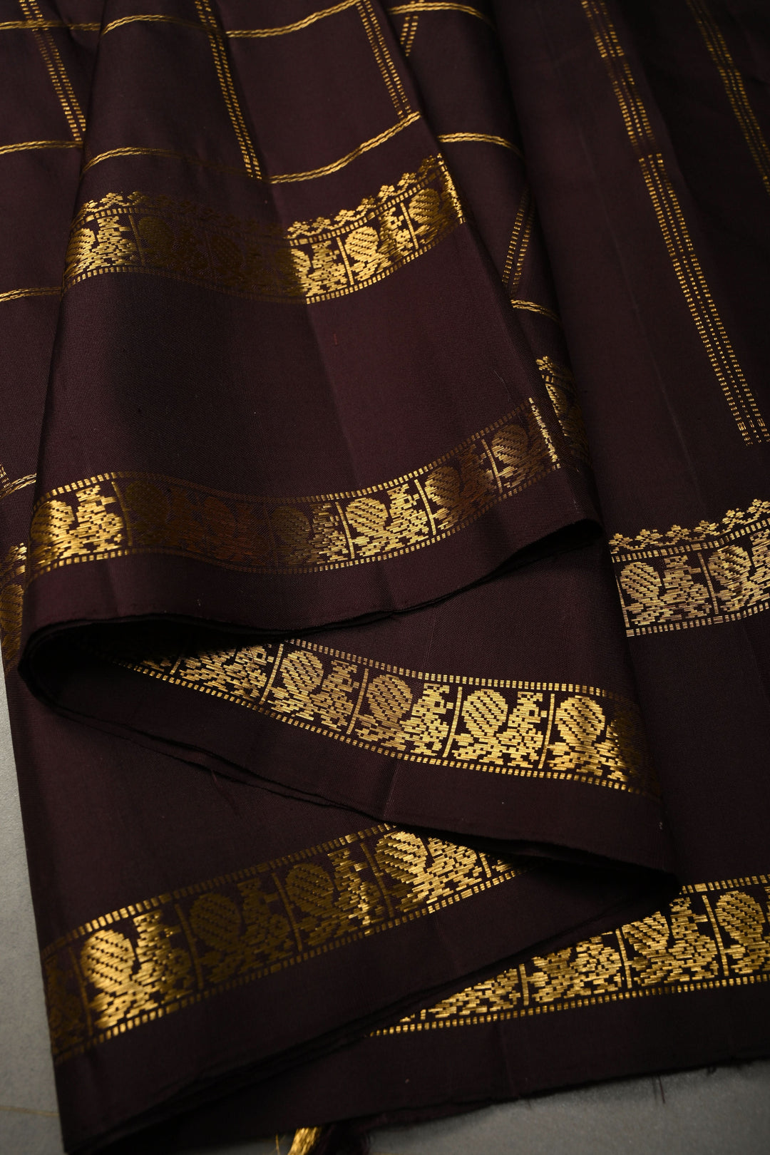 Chocolate Brown Gadwal Silk Saree with Zari Checks and Rettaipet Zari Border | SILK MARK CERTIFIED | SHOBITAM