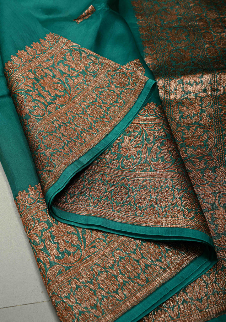 Rama Green Pure Banarasi Kora Silk Saree with Floral Antique Oxidized Zari Buttas and Zari Border | SILK MARK CERTIFIED | SHOBITAM