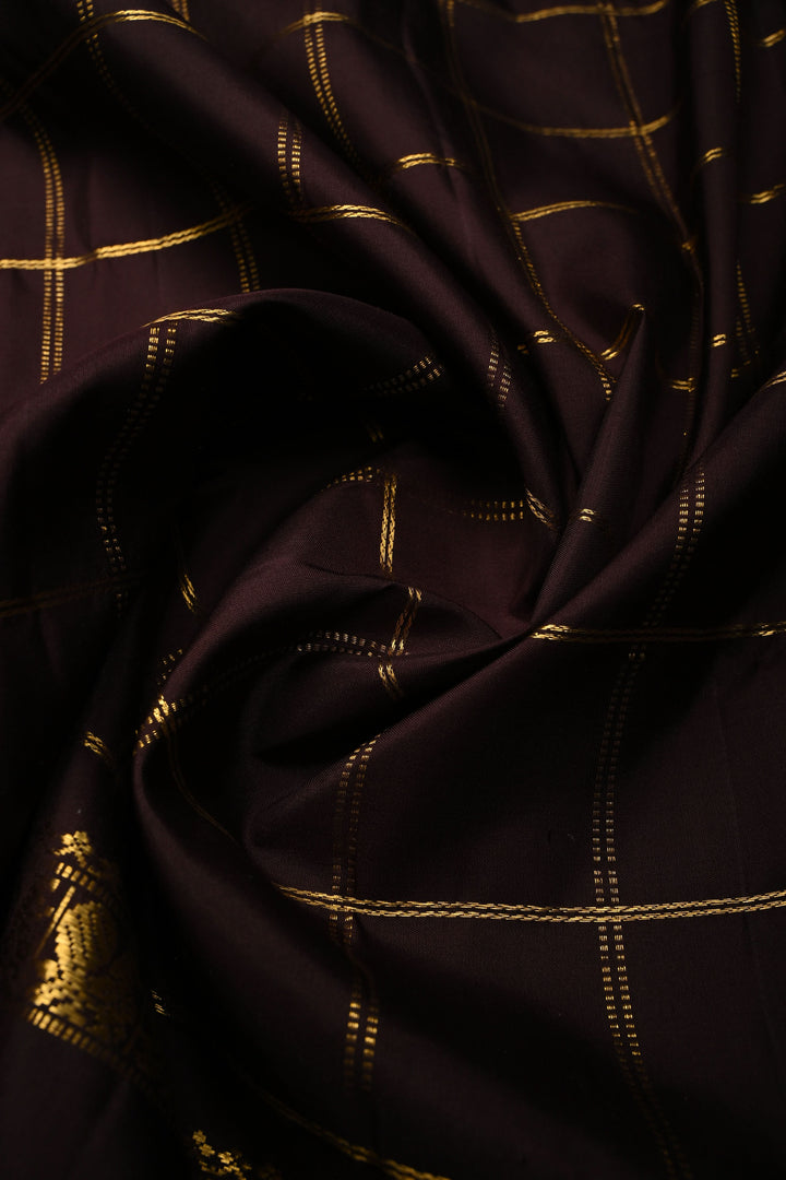 Chocolate Brown Gadwal Silk Saree with Zari Checks and Rettaipet Zari Border | SILK MARK CERTIFIED | SHOBITAM