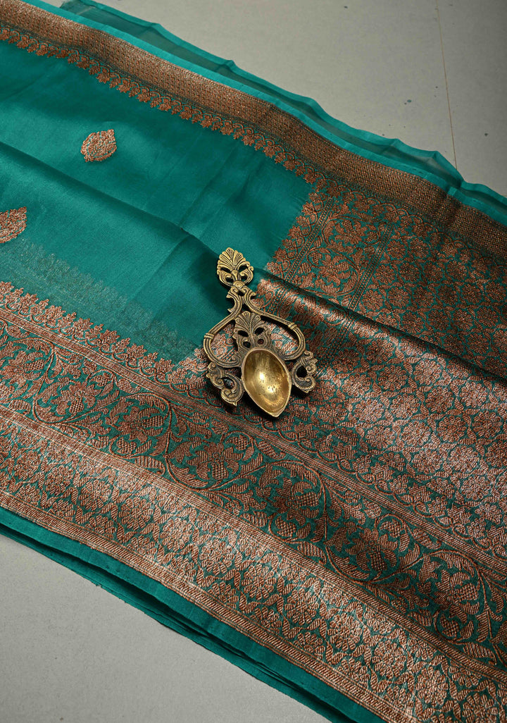 Rama Green Pure Banarasi Kora Silk Saree with Floral Antique Oxidized Zari Buttas and Zari Border | SILK MARK CERTIFIED | SHOBITAM
