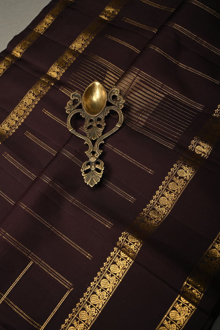 Chocolate Brown Gadwal Silk Saree with Zari Checks and Rettaipet Zari Border | SILK MARK CERTIFIED | SHOBITAM
