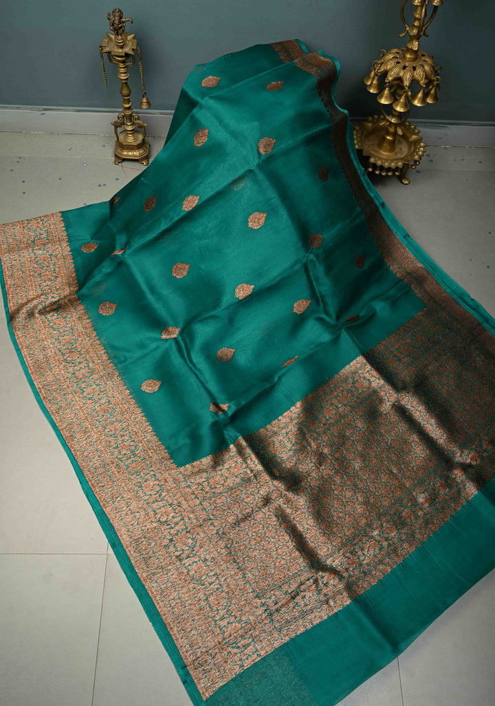 Rama Green Pure Banarasi Kora Silk Saree with Floral Antique Oxidized Zari Buttas and Zari Border | SILK MARK CERTIFIED | SHOBITAM