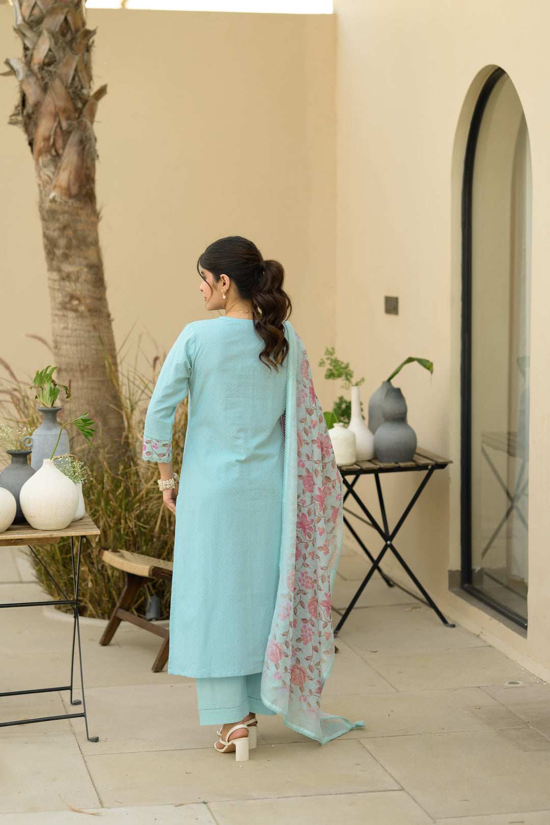 Sky Blue Dobby Cotton with Floral Chanderi Patch Print Kurta and Dupatta Suit Set- SET OF-3 | SHOBITAM