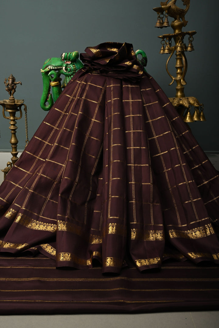 Chocolate Brown Gadwal Silk Saree with Zari Checks and Rettaipet Zari Border | SILK MARK CERTIFIED | SHOBITAM