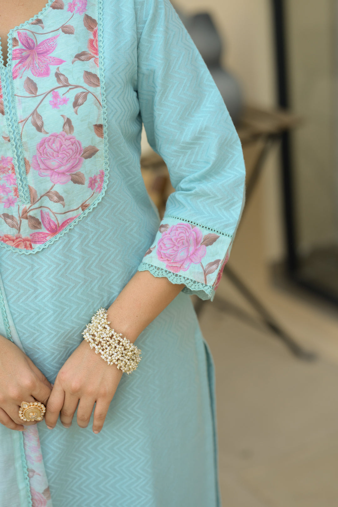 Sky Blue Dobby Cotton with Floral Chanderi Patch Print Kurta and Dupatta Suit Set- SET OF-3 | SHOBITAM