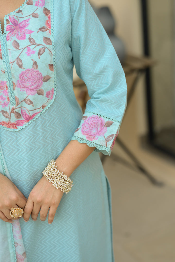 Sky Blue Dobby Cotton with Floral Chanderi Patch Print Kurta and Dupatta Suit Set- SET OF-3 | SHOBITAM