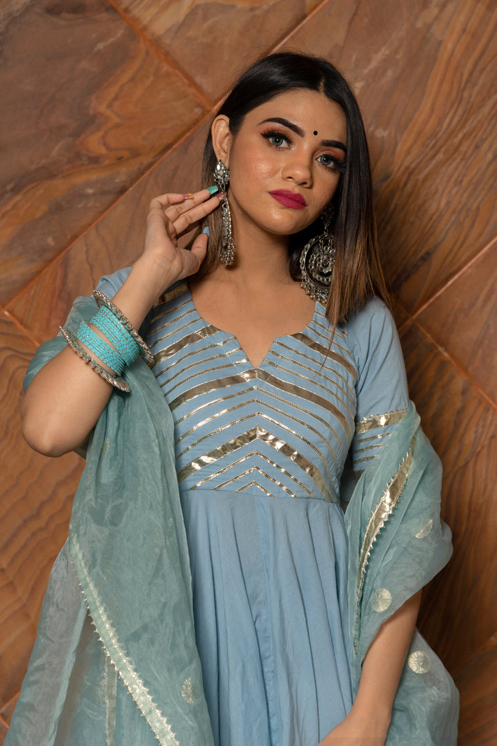 POWDER BLUE PURE COTTON ANARKALI SET | SHOBITAM