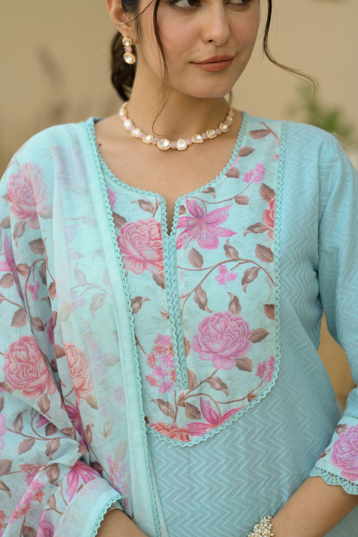 Sky Blue Dobby Cotton with Floral Chanderi Patch Print Kurta and Dupatta Suit Set- SET OF-3 | SHOBITAM