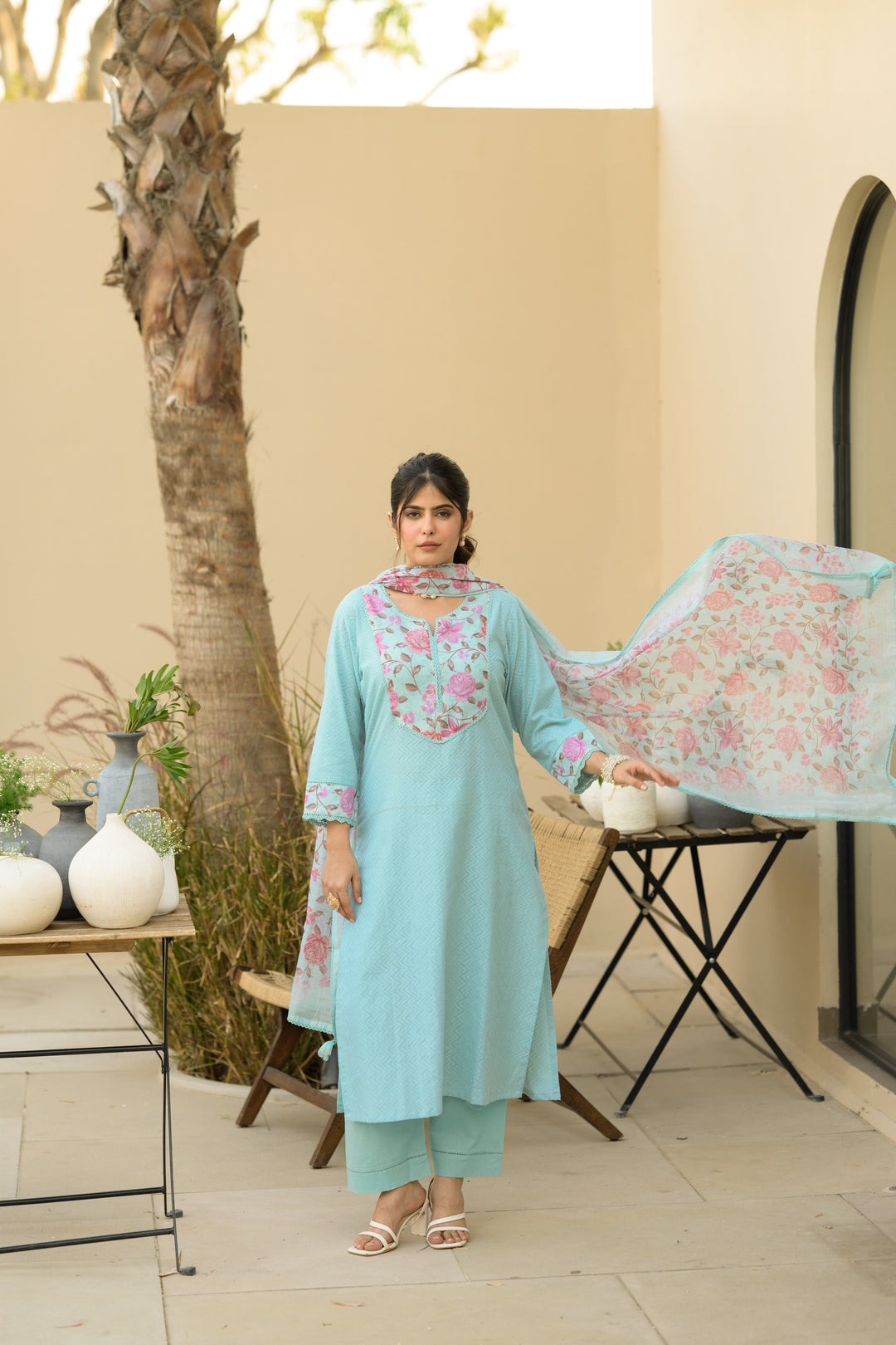 Sky Blue Dobby Cotton with Floral Chanderi Patch Print Kurta and Dupatta Suit Set- SET OF-3 | SHOBITAM