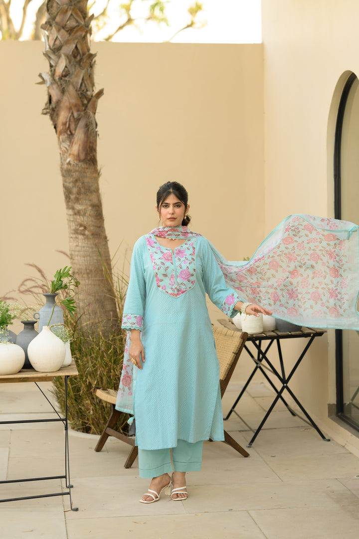 Sky Blue Dobby Cotton with Floral Chanderi Patch Print Kurta and Dupatta Suit Set- SET OF-3 | SHOBITAM