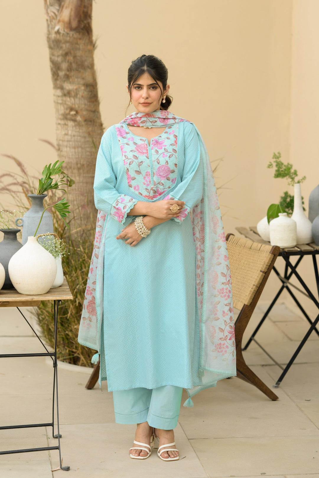Sky Blue Dobby Cotton with Floral Chanderi Patch Print Kurta and Dupatta Suit Set- SET OF-3 | SHOBITAM