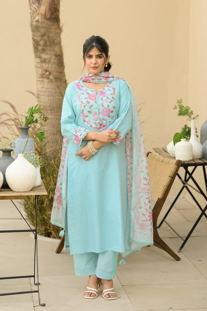 Sky Blue Dobby Cotton with Floral Chanderi Patch Print Kurta and Dupatta Suit Set- SET OF-3 | SHOBITAM