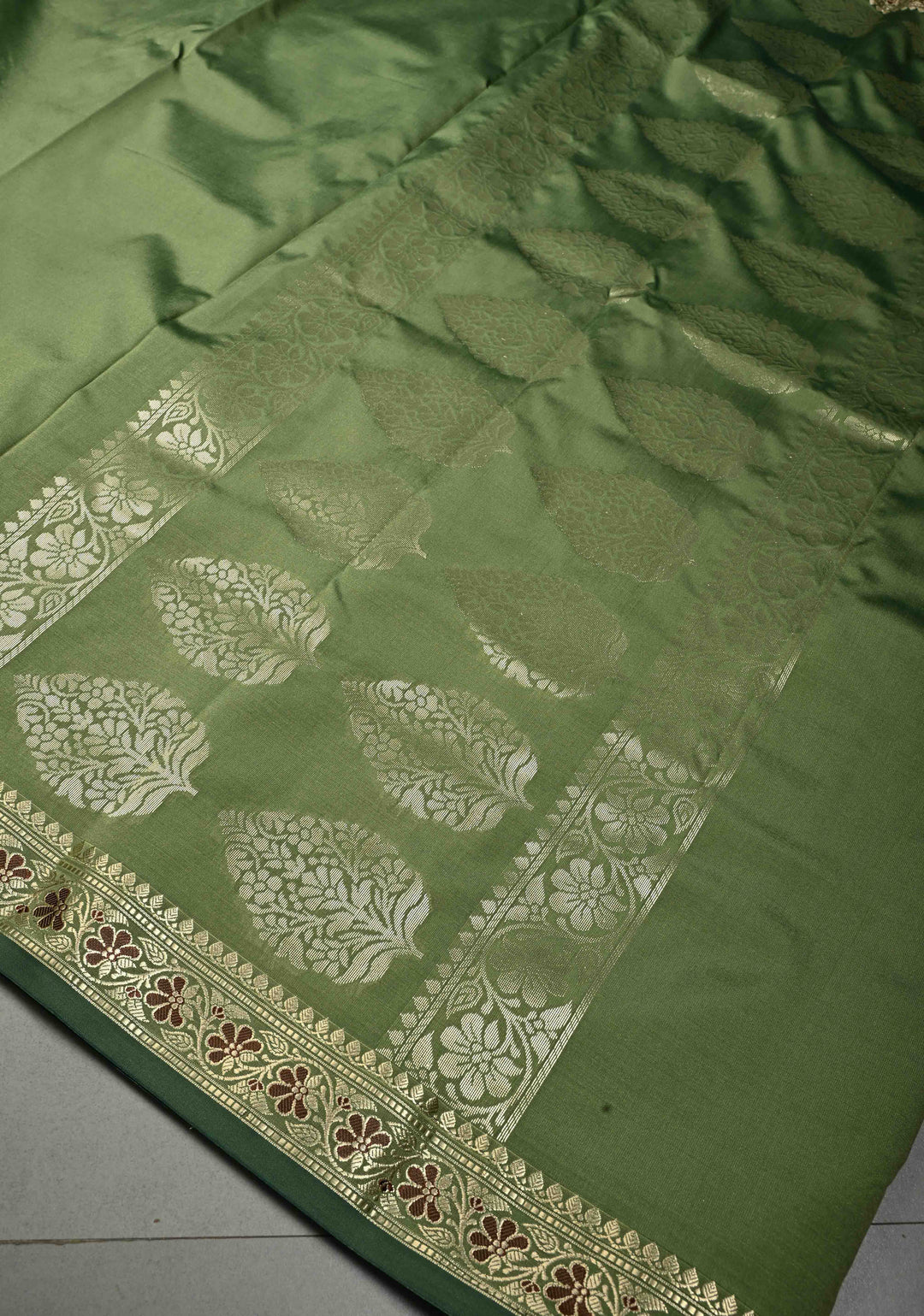 Dark Sage Green Semi Silk Saree with Meenakari Floral Minimal Zari Border | SHOBITAM