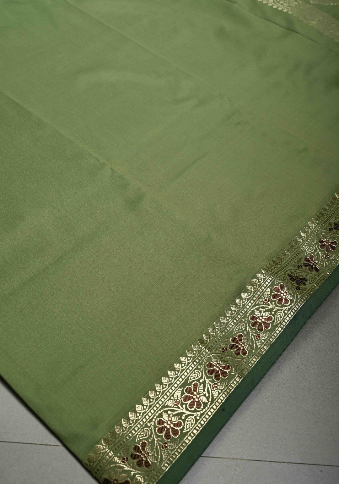 Dark Sage Green Semi Silk Saree with Meenakari Floral Minimal Zari Border | SHOBITAM