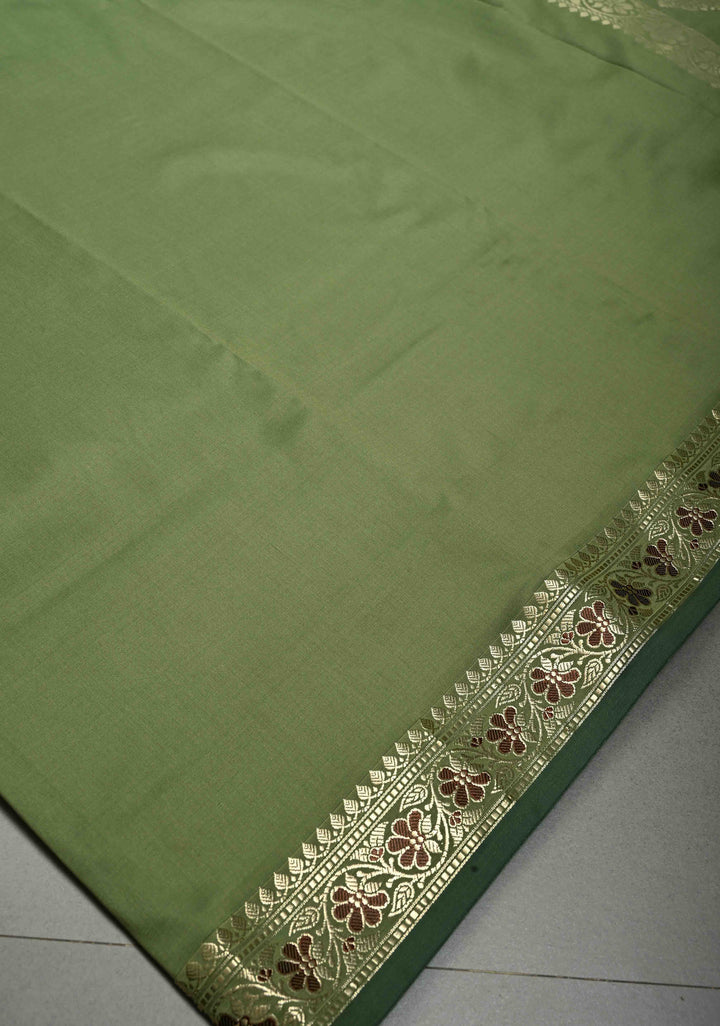 Dark Sage Green Semi Silk Saree with Meenakari Floral Minimal Zari Border | SHOBITAM