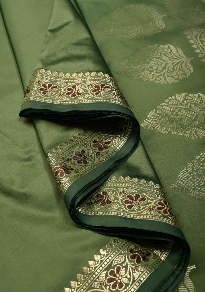 Dark Sage Green Semi Silk Saree with Meenakari Floral Minimal Zari Border | SHOBITAM