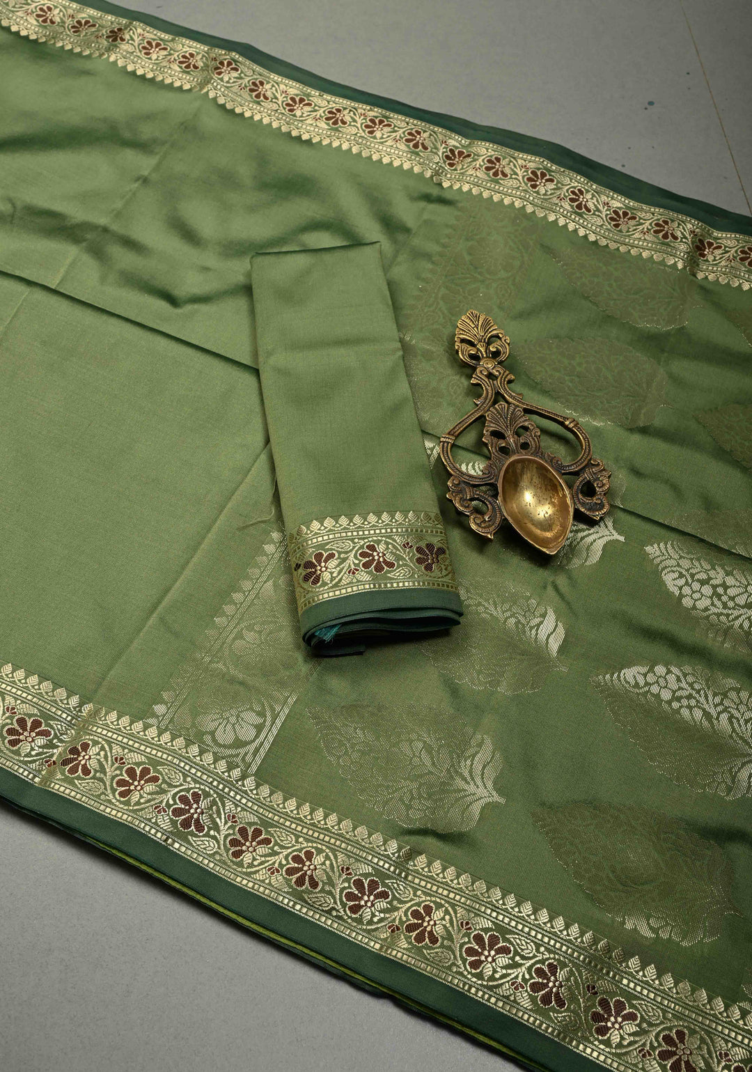 Dark Sage Green Semi Silk Saree with Meenakari Floral Minimal Zari Border | SHOBITAM