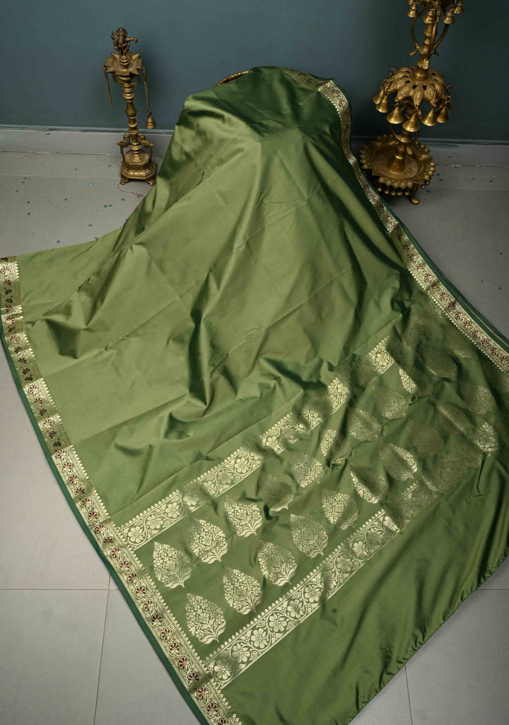 Dark Sage Green Semi Silk Saree with Meenakari Floral Minimal Zari Border | SHOBITAM