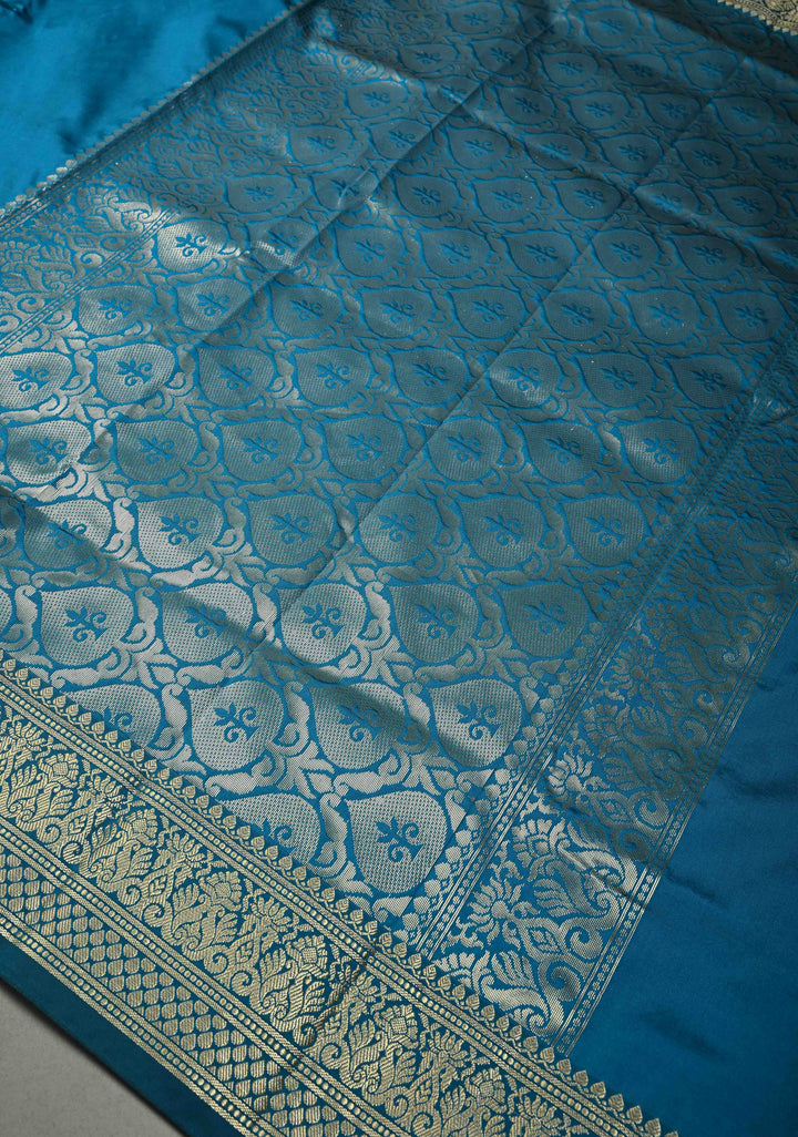 Peacock Blue Semi Silk Saree with Zari Border | SHOBITAM