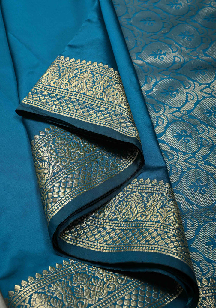 Peacock Blue Semi Silk Saree with Zari Border | SHOBITAM