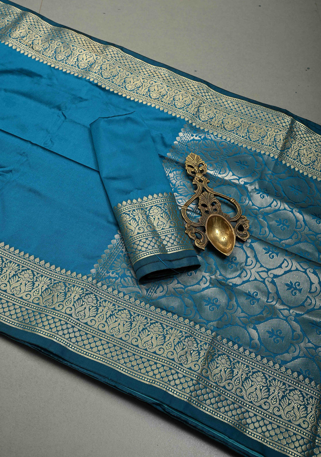 Peacock Blue Semi Silk Saree with Zari Border | SHOBITAM