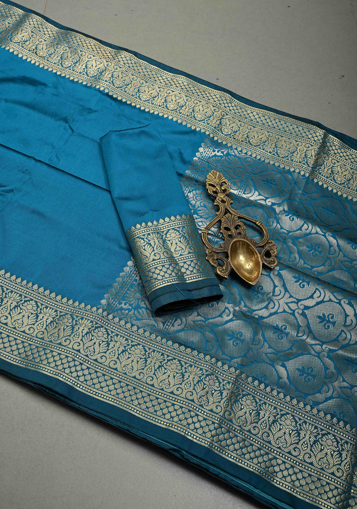 Peacock Blue Semi Silk Saree with Zari Border | SHOBITAM