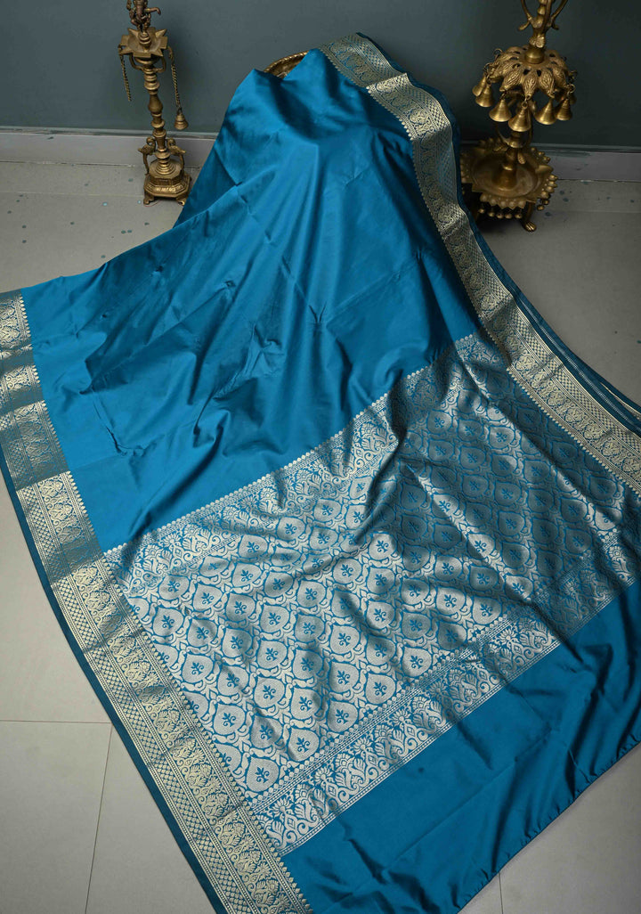 Peacock Blue Semi Silk Saree with Zari Border | SHOBITAM