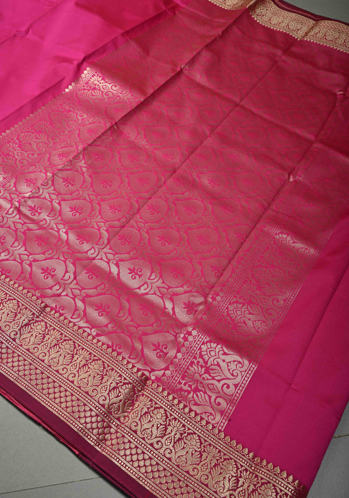 Bright Pink Semi Silk Saree with Zari Border | SHOBITAM