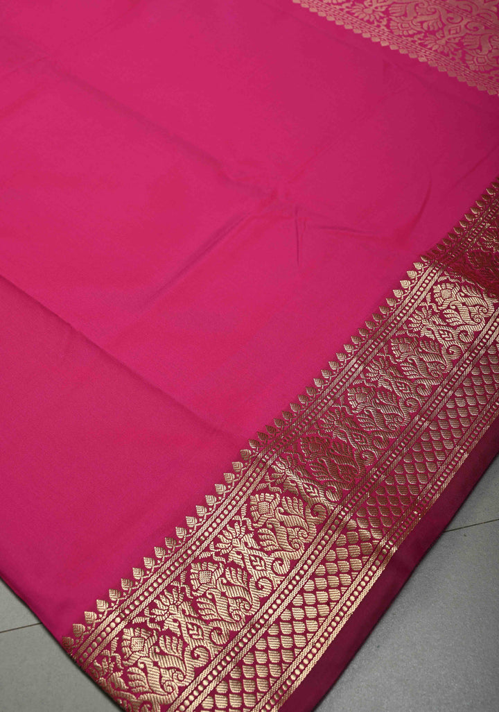 Bright Pink Semi Silk Saree with Zari Border | SHOBITAM