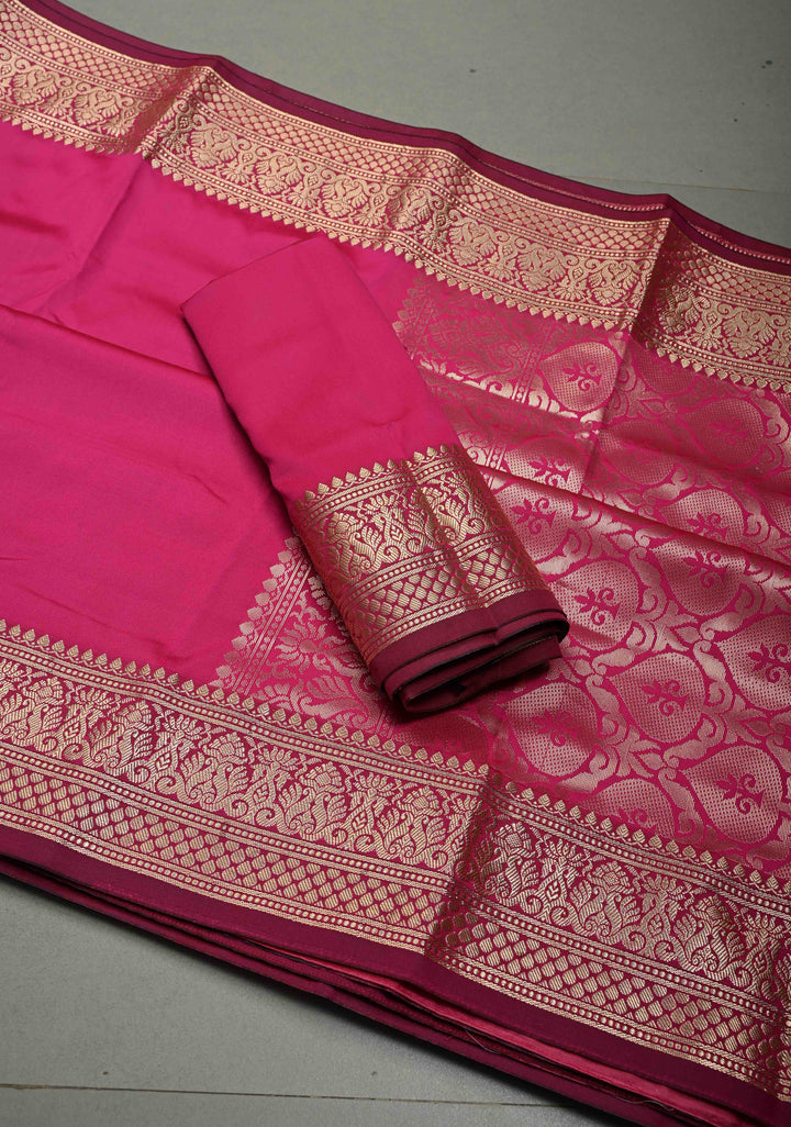 Bright Pink Semi Silk Saree with Zari Border | SHOBITAM