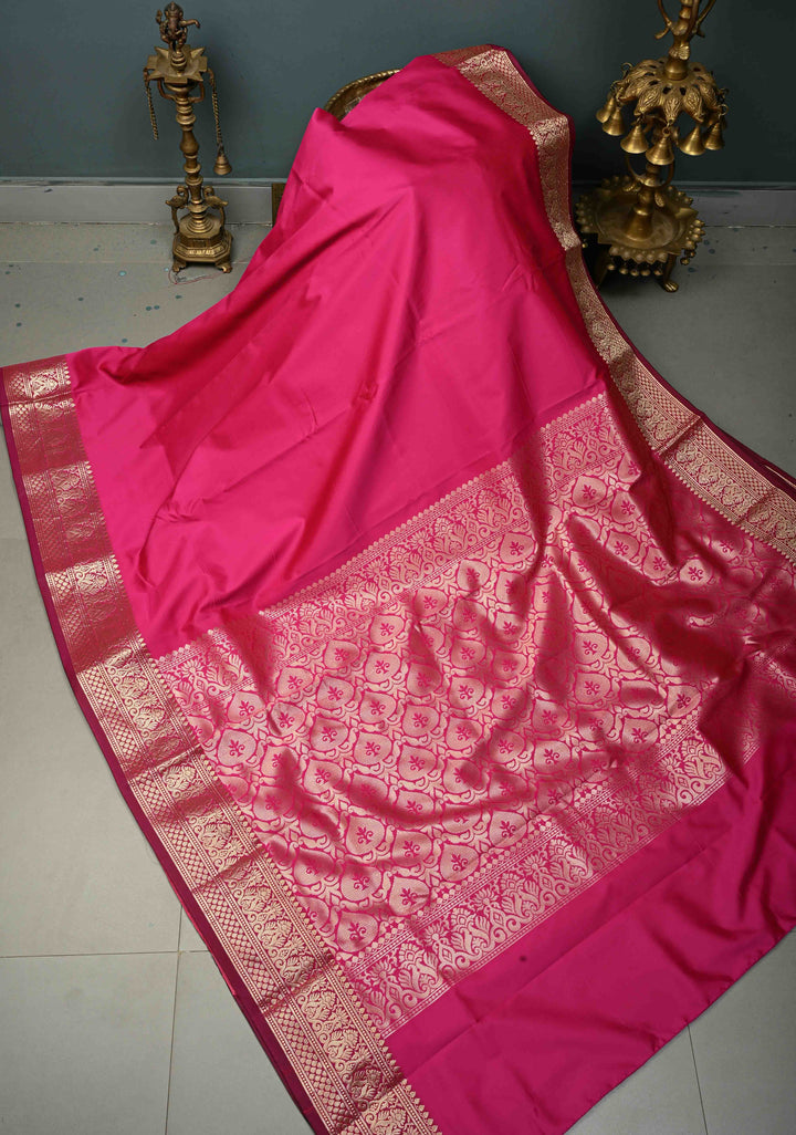 Bright Pink Semi Silk Saree with Zari Border | SHOBITAM