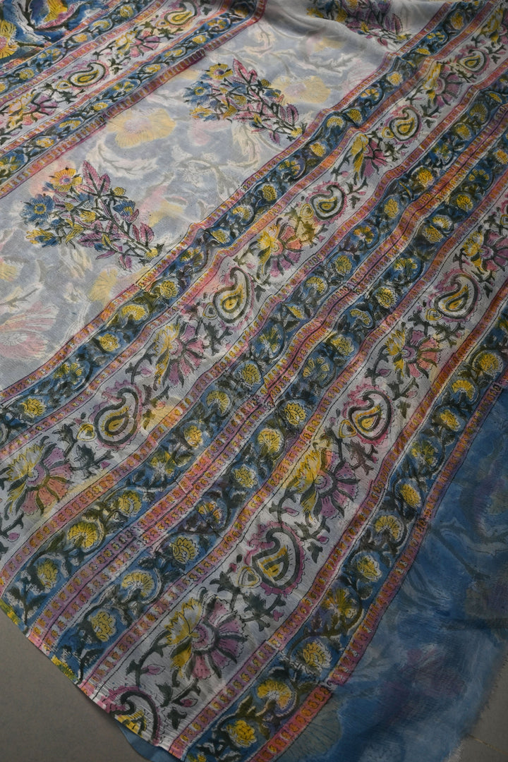 Blue Georgette Saree with Sanganeri Hand Block Print | SHOBITAM