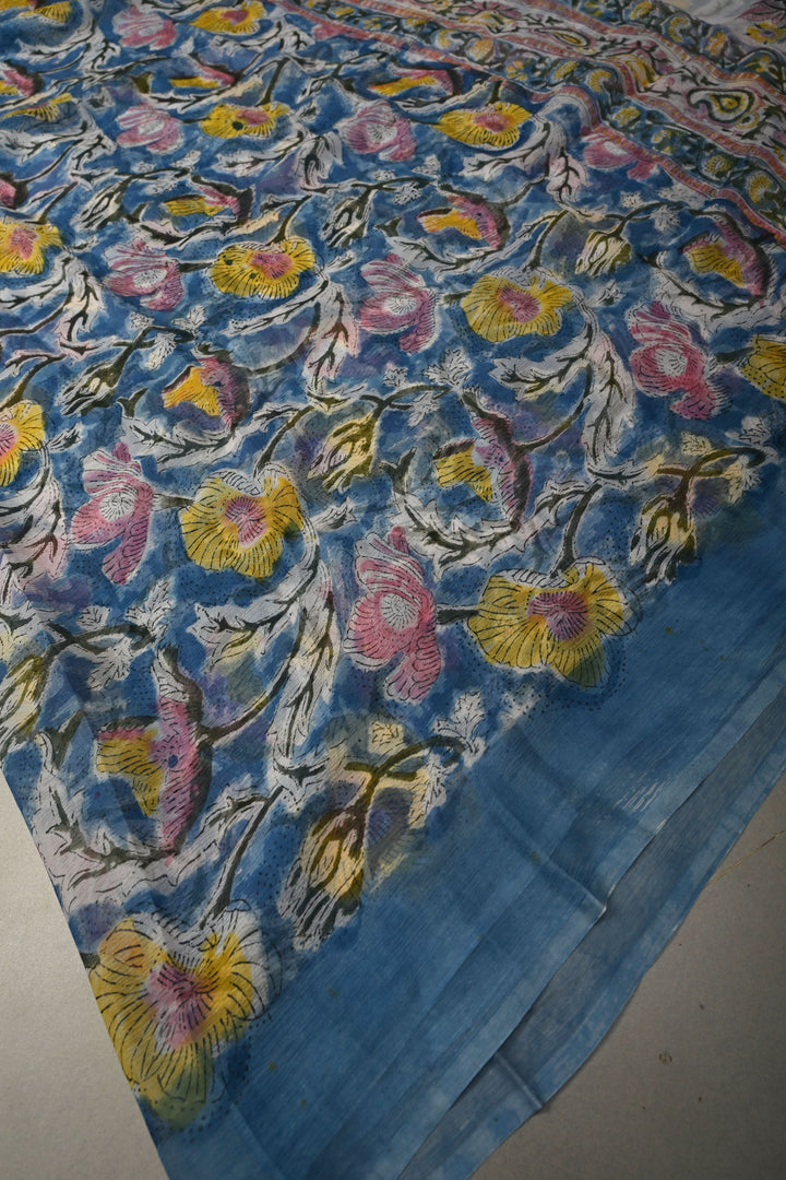 Blue Georgette Saree with Sanganeri Hand Block Print | SHOBITAM