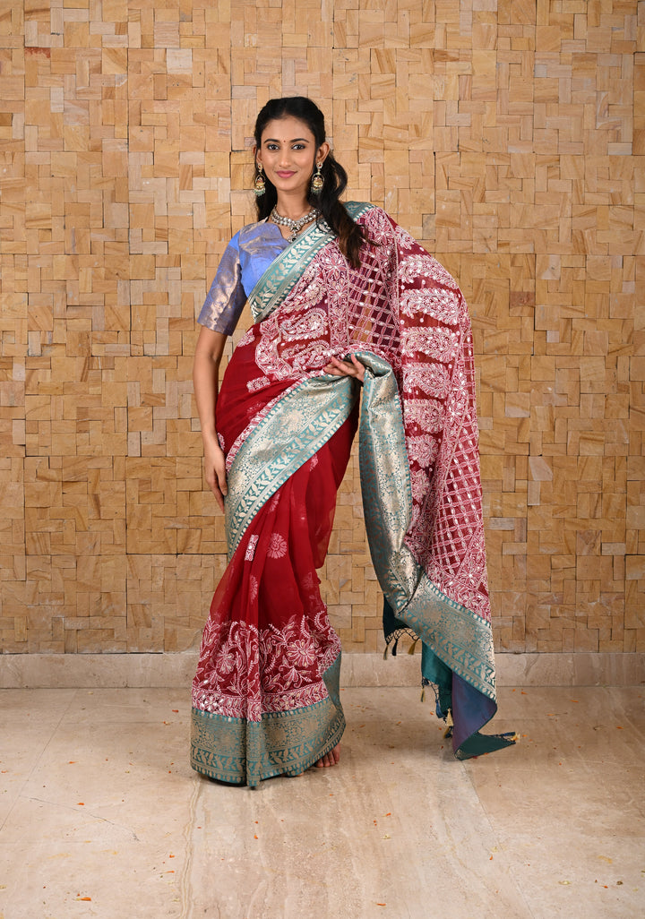 Authentic Hand Chikankari with Gotta Work on Maroon Georgette Saree and Fusion Kanjivaram Border