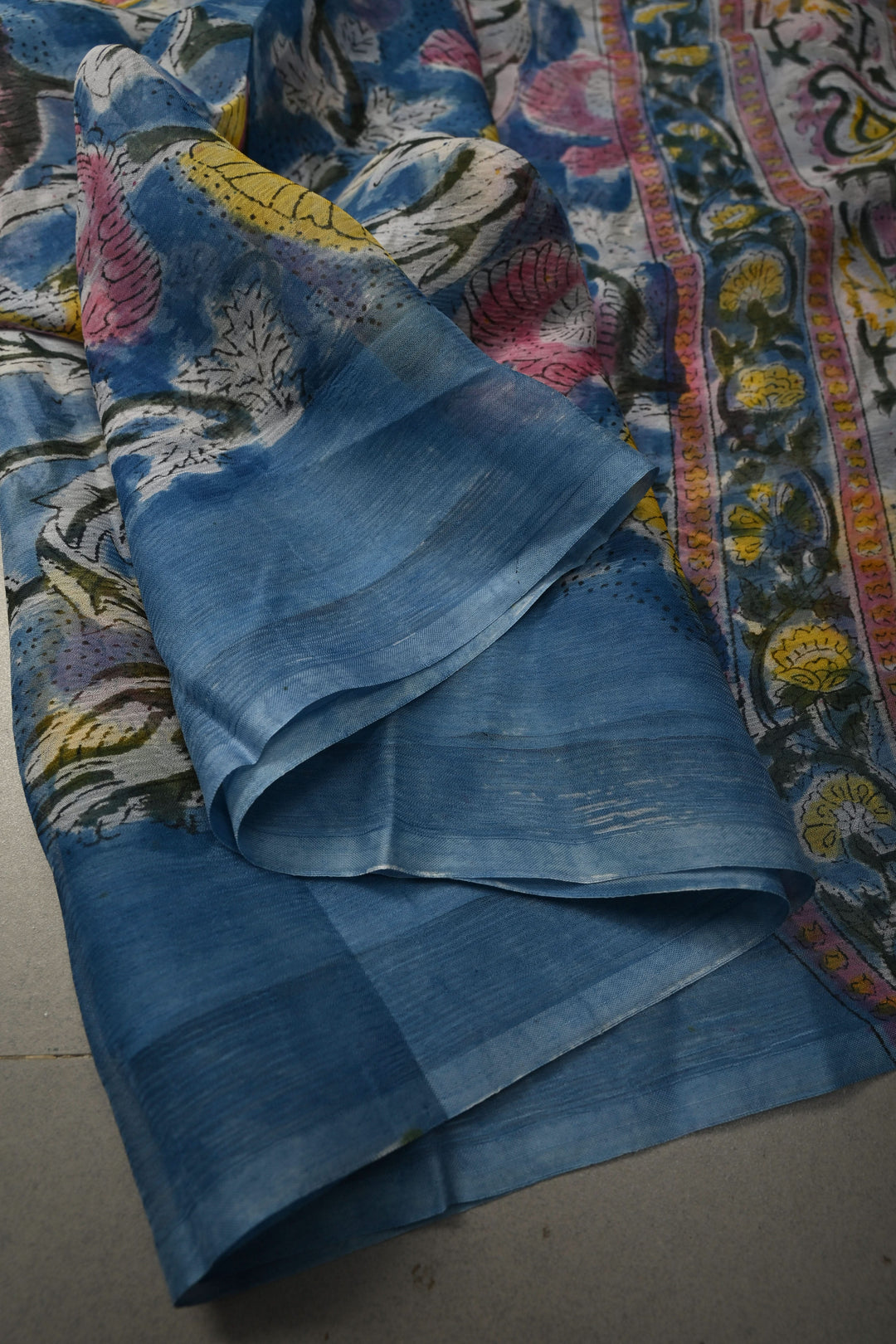 Blue Georgette Saree with Sanganeri Hand Block Print | SHOBITAM