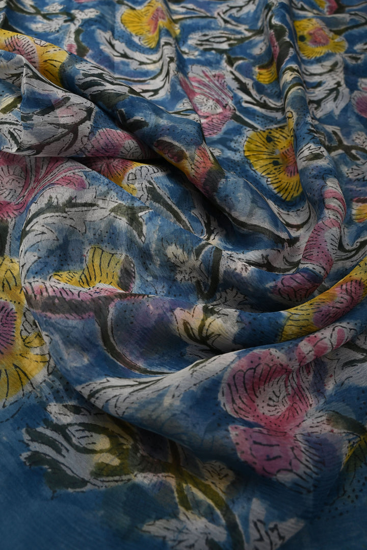 Blue Georgette Saree with Sanganeri Hand Block Print | SHOBITAM