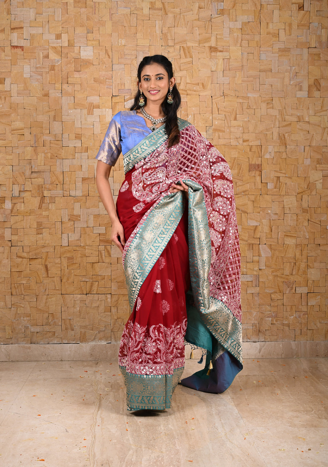 Authentic Hand Chikankari with Gotta Work on Maroon Georgette Saree and Fusion Kanjivaram Border