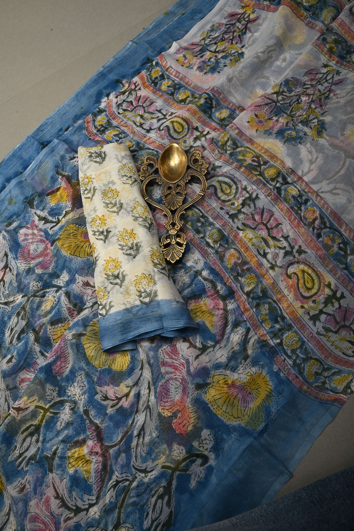 Blue Georgette Saree with Sanganeri Hand Block Print | SHOBITAM